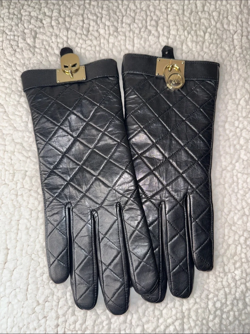 Michael Kors Black Quilted Leather Gloves with Gold Lock Detail